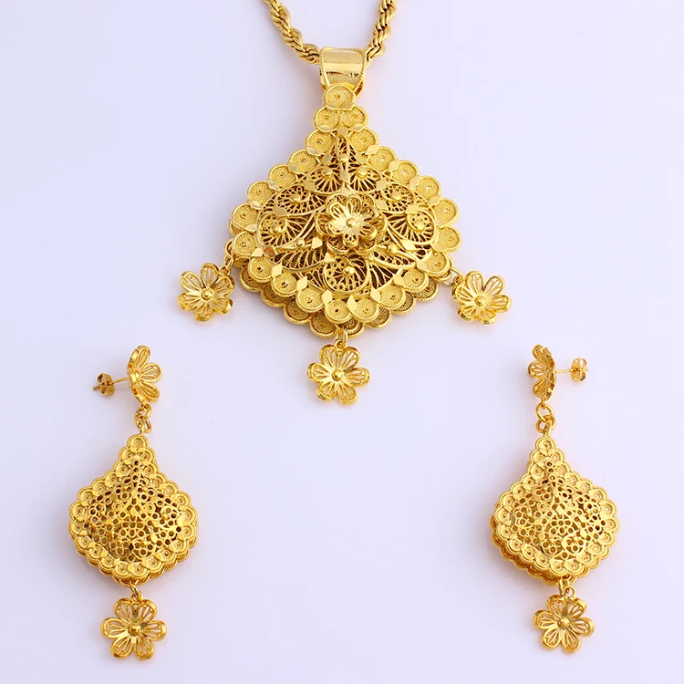 JH Elegant Biggest Gold Plated Earring And Pendant Africa/Ethiopia/Dubai Jewelry Set For Women