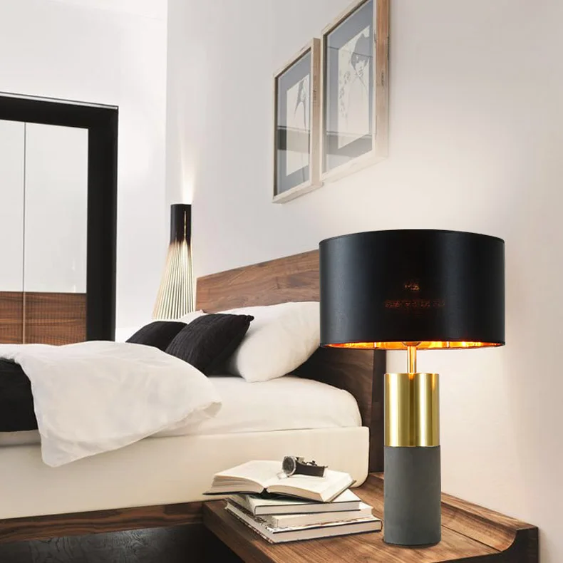 Black gold fabric cement base modern lamp shade bedside hotel luxury light table lamp