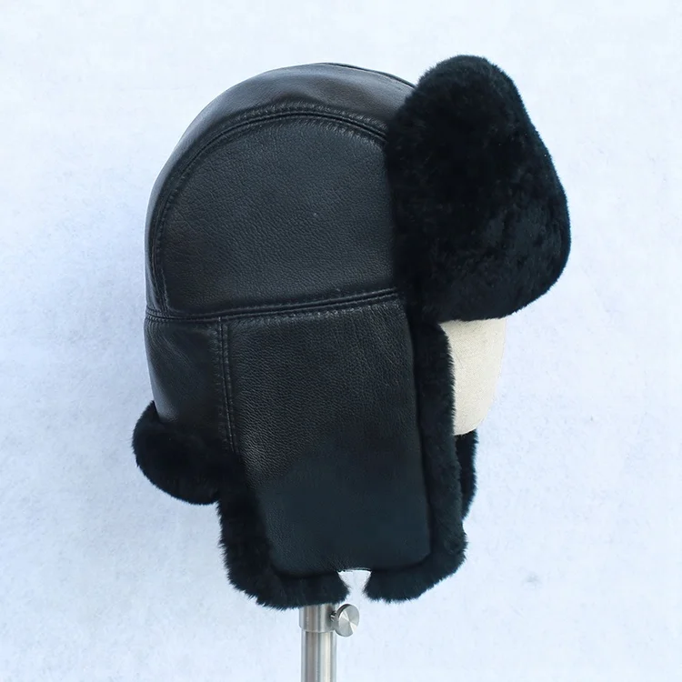 Russian style warming winter rex rabbit fur with real sheepskin  hat ear cuff earflap hat