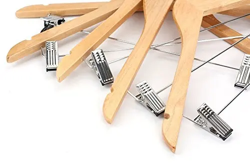 Inspring Wooden Pant Hanger Wooden Suit Hangers with Steel Clips and Hooks, Natural Wood Collection Skirt Hangers