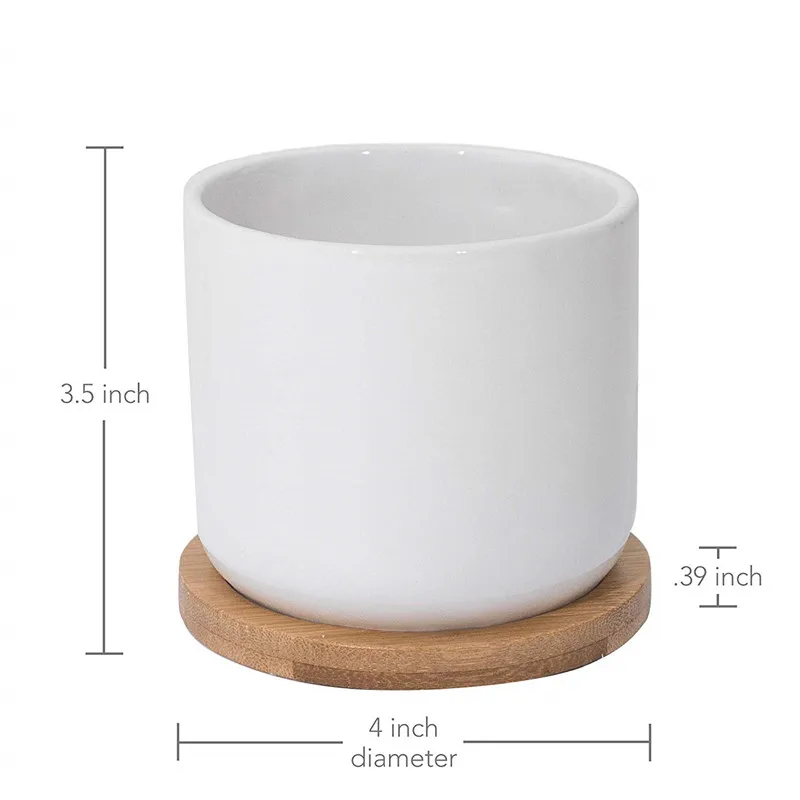 Set of 3 Ceramic Pots for Plants 4 inch Catcus Flower Planter Drainage Hole White Ceramic Succulent Pots with Bamboo Tray Decor