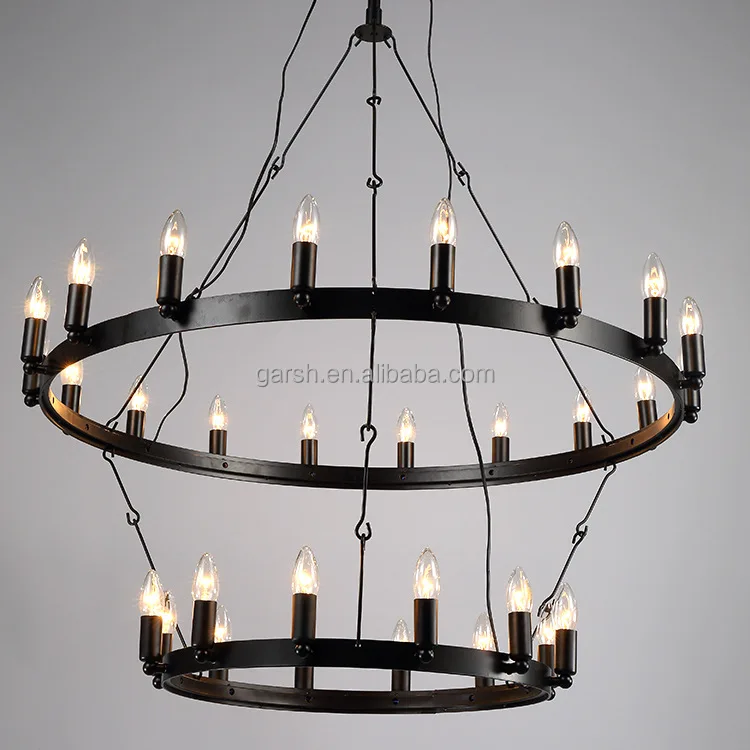 Vintage Candle Bulb Antique Round Iron Chandelier For Restaurant