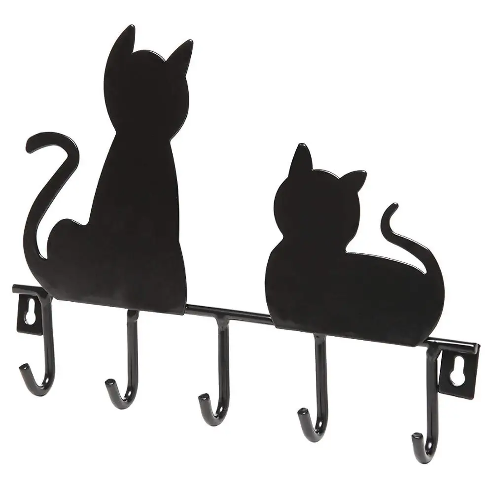 Kitty Cat Shape Black Metal Over the Door Coat Hanger Rack Organizer Shelf With 5 Hooks