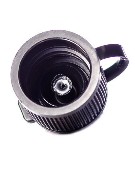 Black PP 15-410 ribbed skirt dispensing lid with strap cap