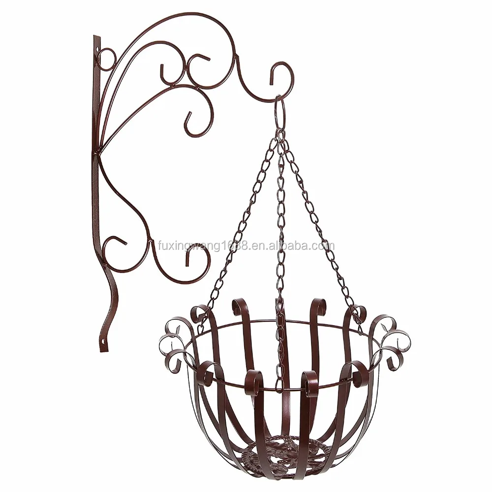 Indoor Outdoor Garden Metal Flower Planter Hanging Basket w/ Wall Mounted Scrollwork Design Hooks