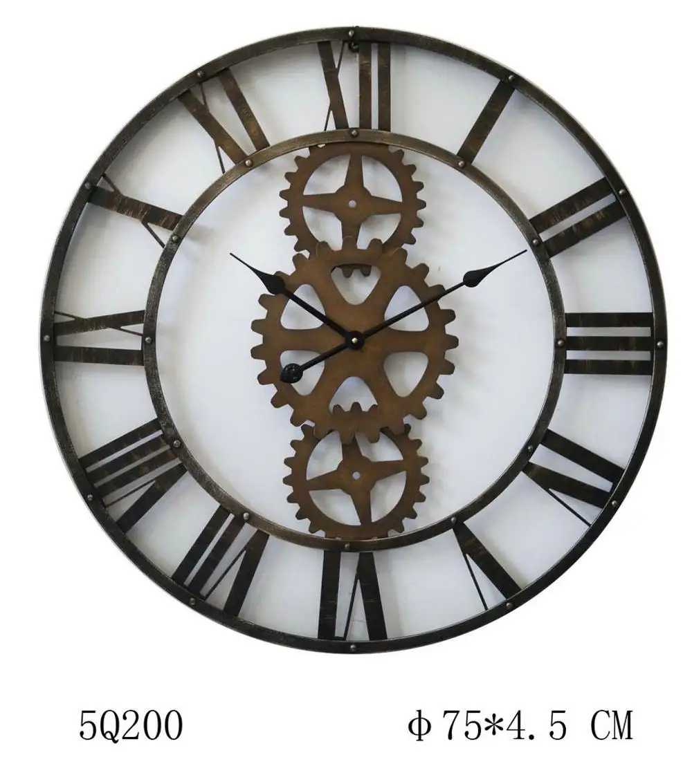 French style old 3D retro metal gear giant antique plastic wall clock for home decor