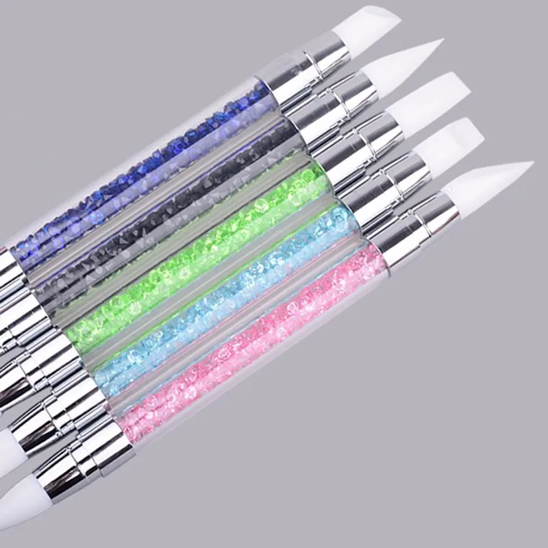 2 Way Rhinestone Crystal Nail Art Brush Pen Silicone Head Carving Emboss Shaping Hollow Sculpture Acrylic Manicure Dotting Tools
