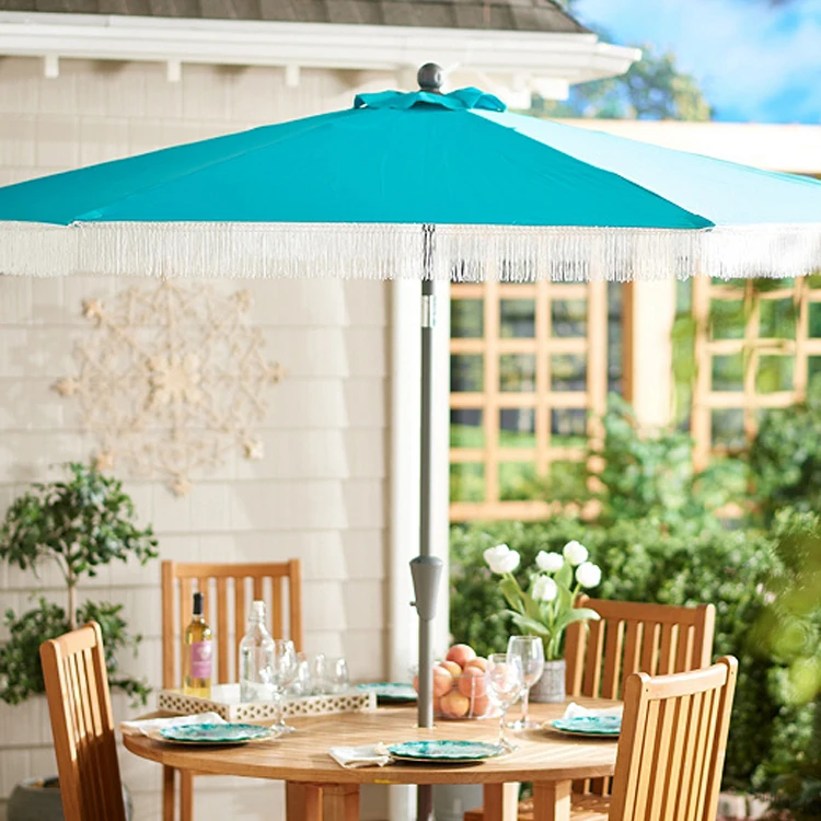 Courtyard Garden Table Black And White Striped Wood Patio Umbrella WIth Tassel