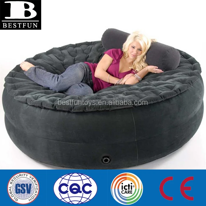 
high strength flocking PVC inflatable round air bed folding smart air sofa portable indoor or outdoor flocked inflatable chair 