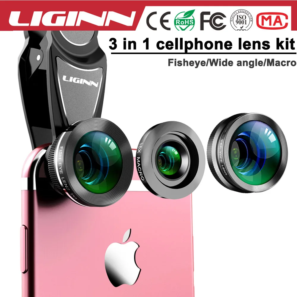 LIGINN amazon top seller 3 in 1 lens kit 198 degree fish eye 0.36x wide angle for iphone samsung smartphones