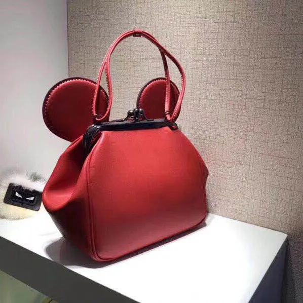 Mickey Ear Clamp Bag Girl Shoulder Bag Handbag Cartoon Lovely Genuine Leather Bag