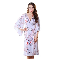 Womens long dressing gown robe printing night gown warm washable white cute silk hot pajamas robe for women