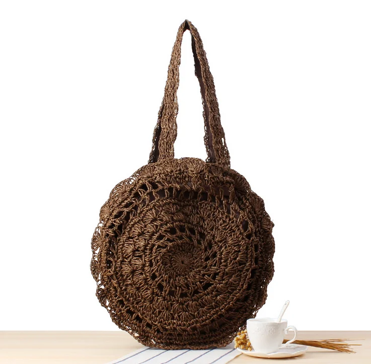Crochet knitting hollow out handmade handbag straw tote bag rattan bag women
