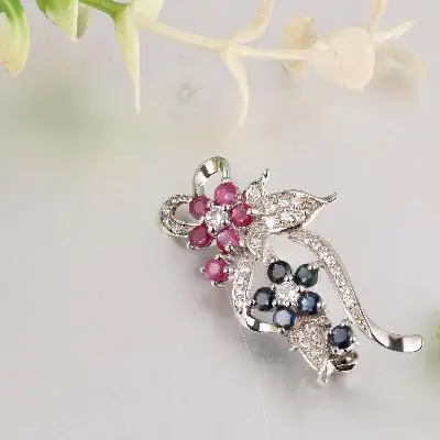 Plum blossom color cubic zirconia 925 sterling silver brooch