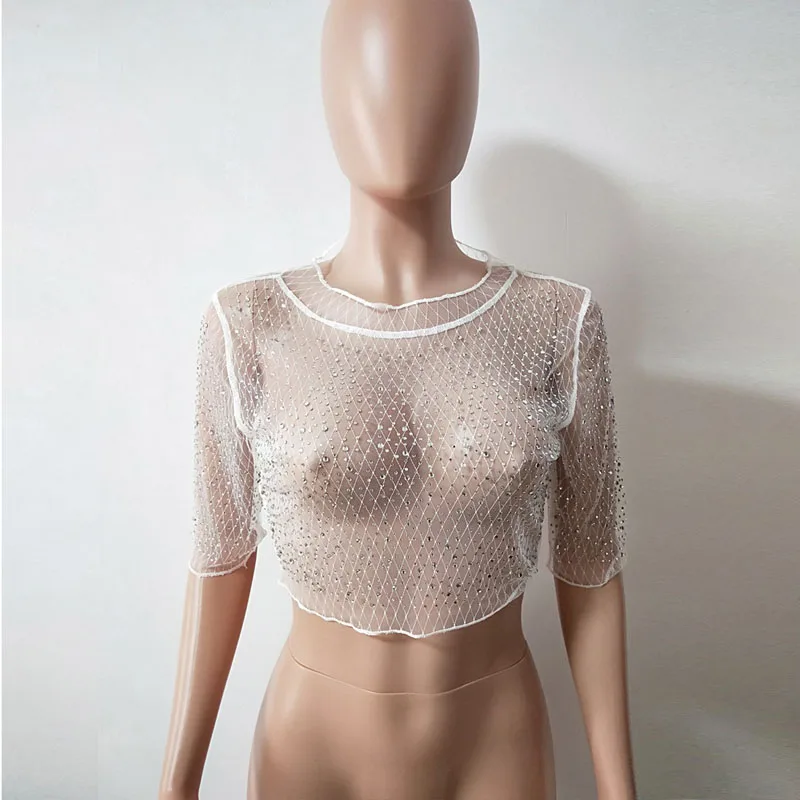 Club Women Rhinestone Sexy Crop top Mesh See Through Blouse
