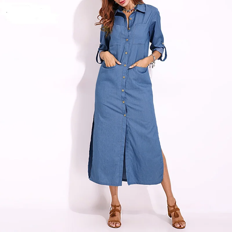 Custom Plus Size Denim Dress Women Button Maxi Vestidos Autumn Female Split Blue Shirt Dresses Elegant With Pockets