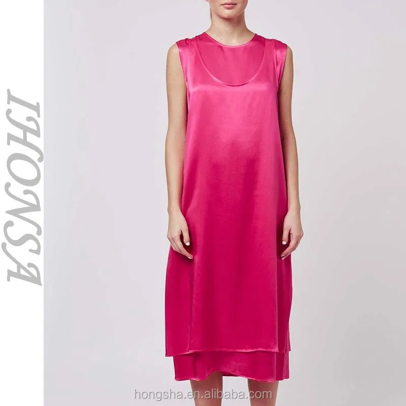 Latest Fashion Sleeveless Gambar Model Gaun Satin Long Dress Hot Pink Satin Dress Designs HSD6834