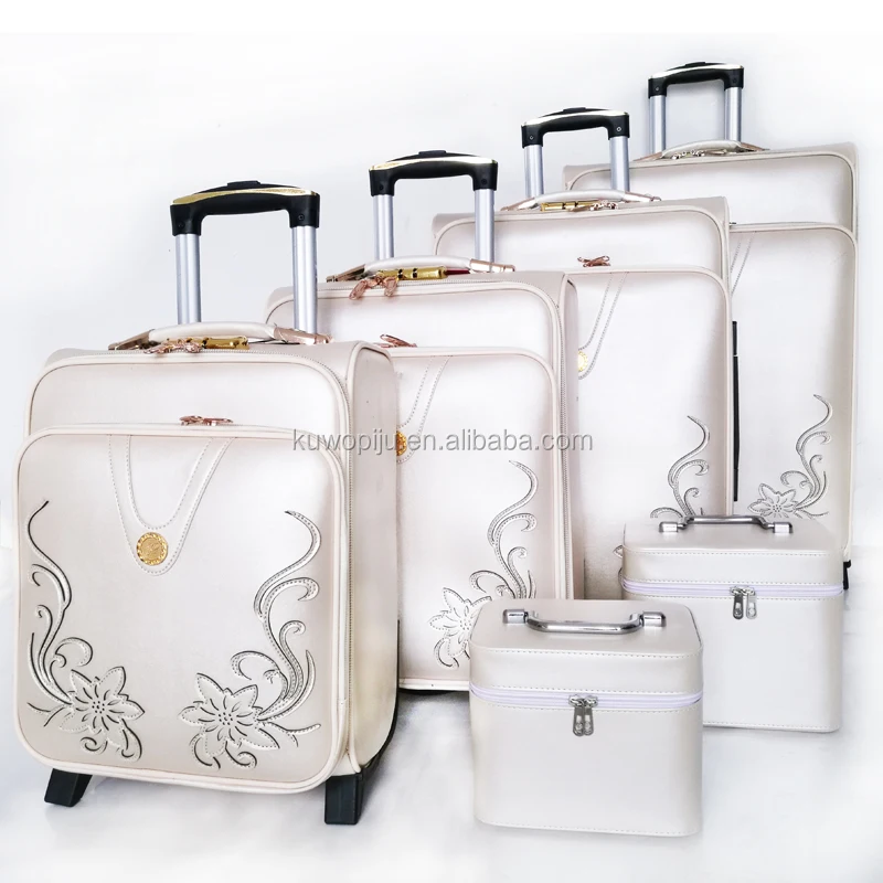 bright white color diamend cosmetic case 2 wheels pu leather suitcase set spinner wheeled luggage set 6 pieces