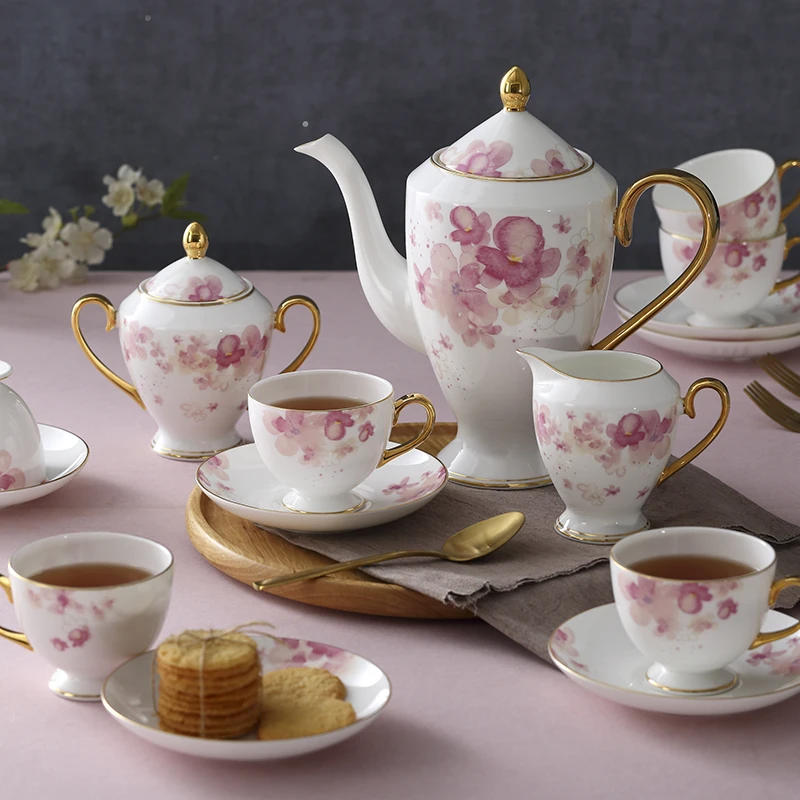 English luxury 15pcs ceramic coffee tea set flower decal design Turkish cup saucer sets fine bone tea set with teapot