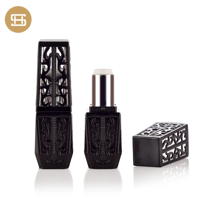
OEM unique black plastic engraved hollow out vintage lipstick tube 