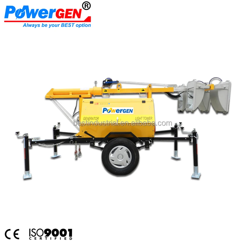 POWERGEN 8m high mast Lighting Tower 4x1000W with Trailer Diesel Generator 5KW for Mining and Construction