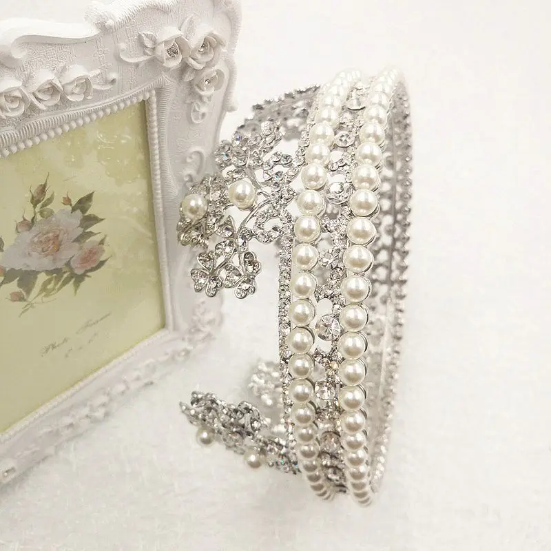 
European style luxury large round queen crown tiaras with pearl beads and earrings sets 