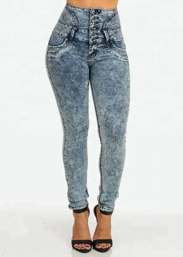 Royal wolf denim jeans manufacturer dark blue acid wash six button wide high waist butt lift skinny brazilian jeans