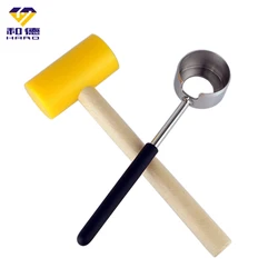 Amazon hot sale food grade stainless steel 304 coconut opener tool set with yellow PE hammer mallet
