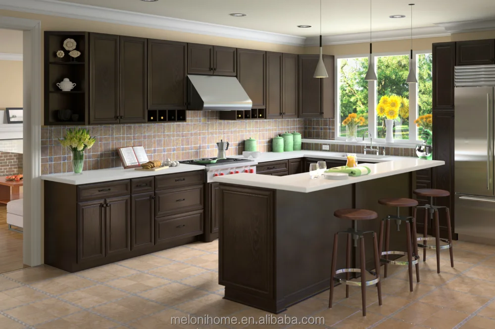 Dark Cabinetry with Kitchen Backsplash Lowes and white Kitchen countertop ,Industrial Bar for elegant Home