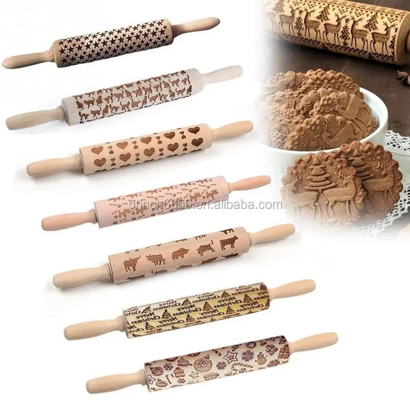 Christmas Reindeer Dog Cat Star Embossing Rolling Pin Baking Cookies Biscuit Fondant Cake Dough Engraved Roller