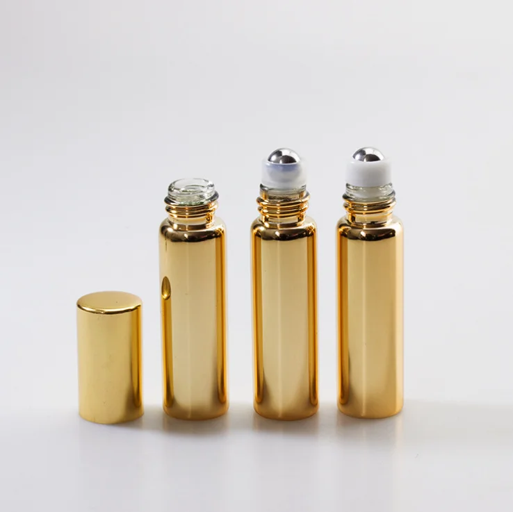 UV coating gold silver Metal Roll-on Roller Ball Bottle 10mL Perfume fragrance Oil roll on bottle with screw cap