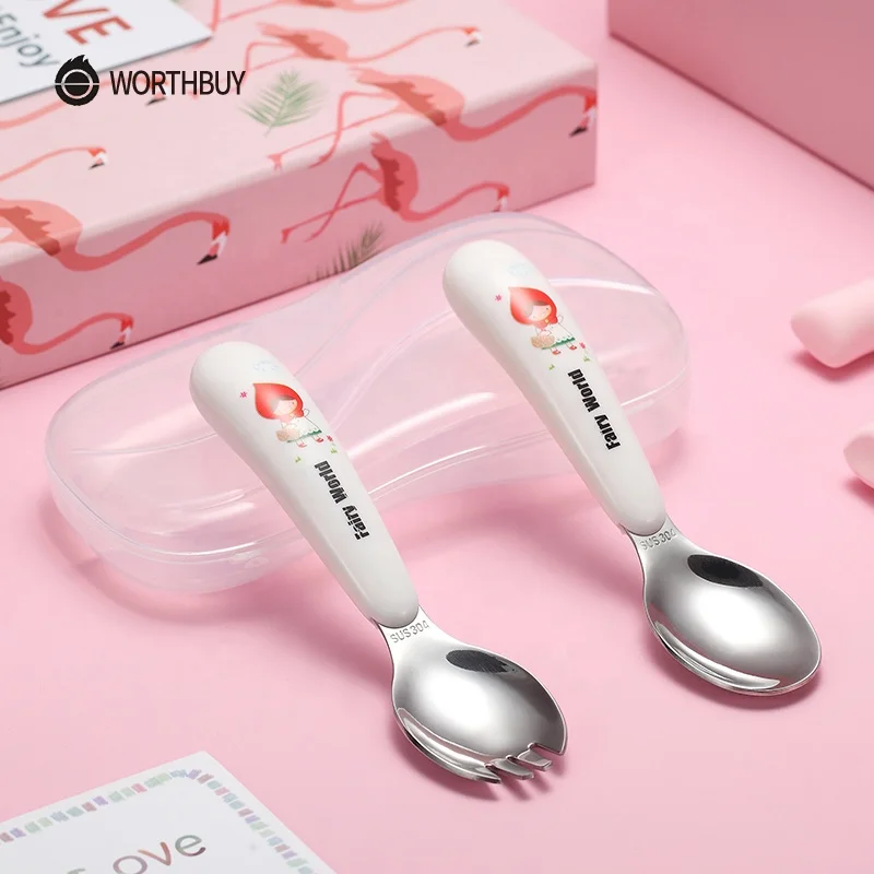 WORTHBUY Cute Cartoon Cutlery Set For Kids 304 Stainless Steel Tableware Plastic Handle Fork Spoon Dinnerware Kitchen Dinner Set