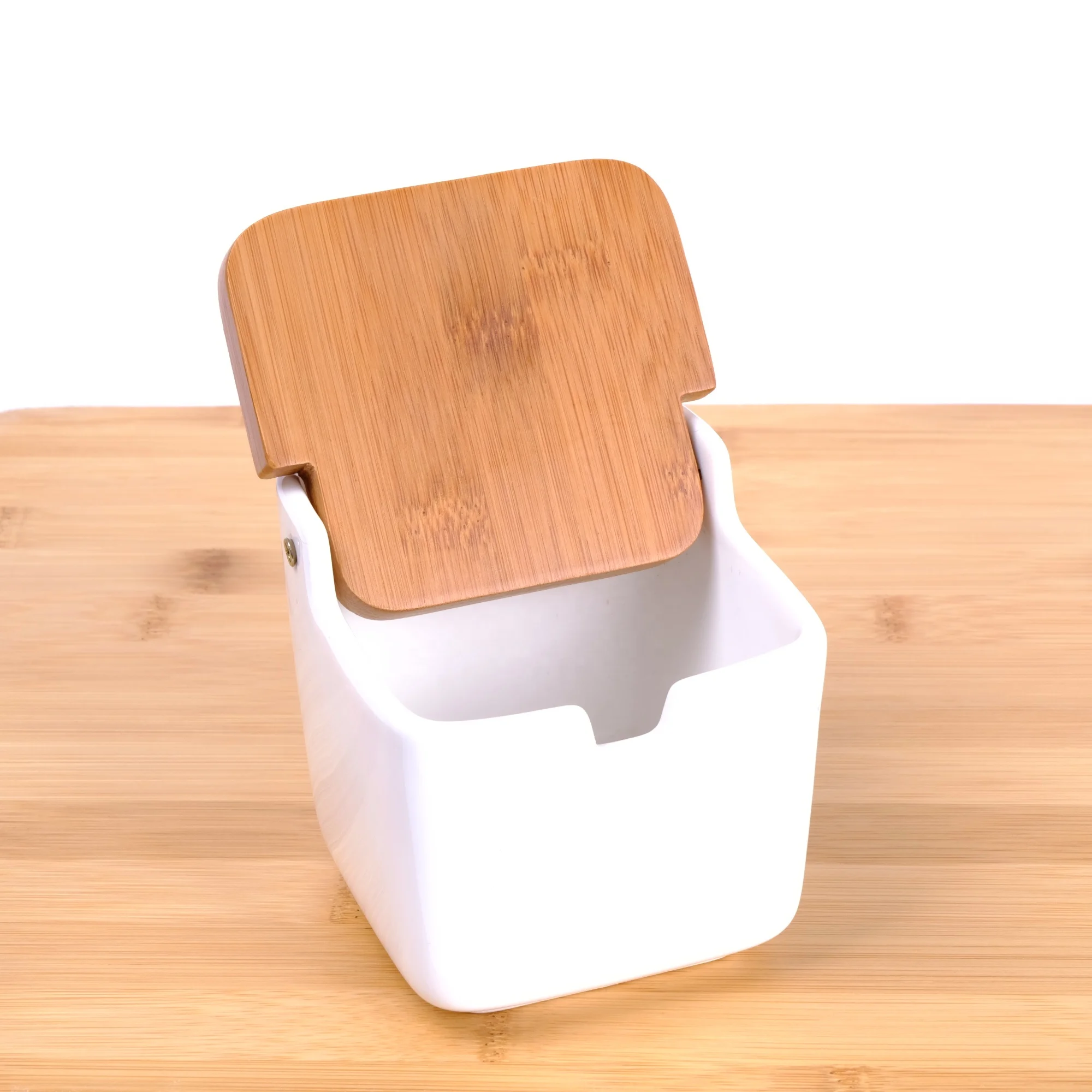 Ceramic Sugar Bowl Salt Box with Bamboo Flip Top Lid Pepper Container Flour Box Holder Earthenware Bowl White