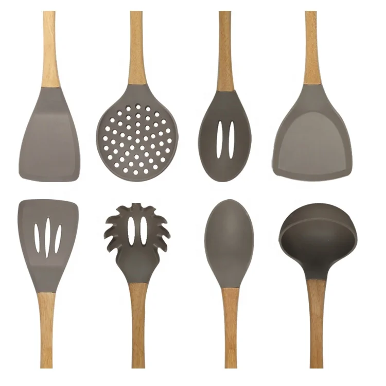 Hot Selling Non-stick Heat-resistant Wholesale 8 piece Silicone Kitchen Cooking Utensil Set with Wood Handle
