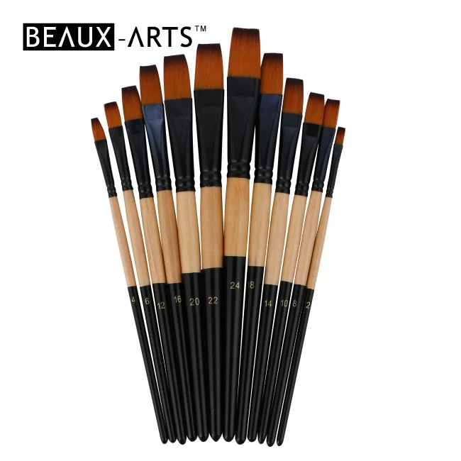Flat Bicolor Synthetic Artist Brush Acrylic Painting Brushes with Black Aluminum Ferrule and Wooden Handle