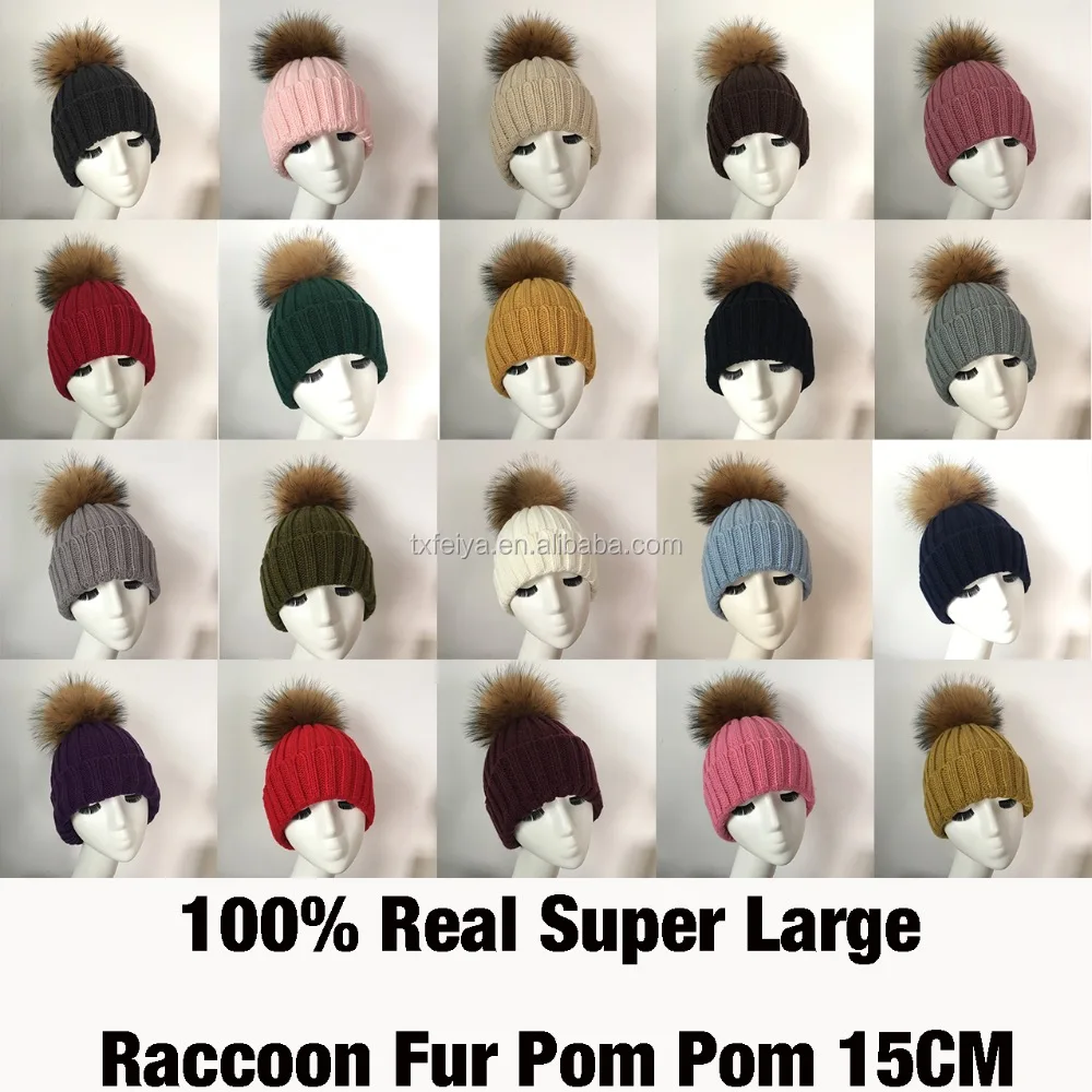Winter Raccoon Fur Pompom Knit Hat for Women Fur Pom Pom Beanies Hats