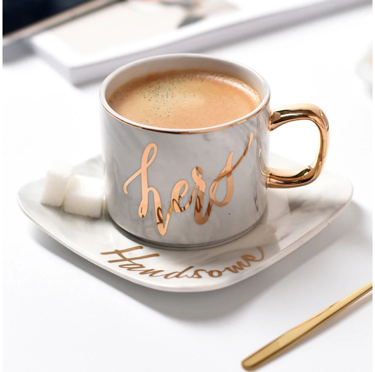 
Personalized gold rim ceramic marble coffee cup with saucer 