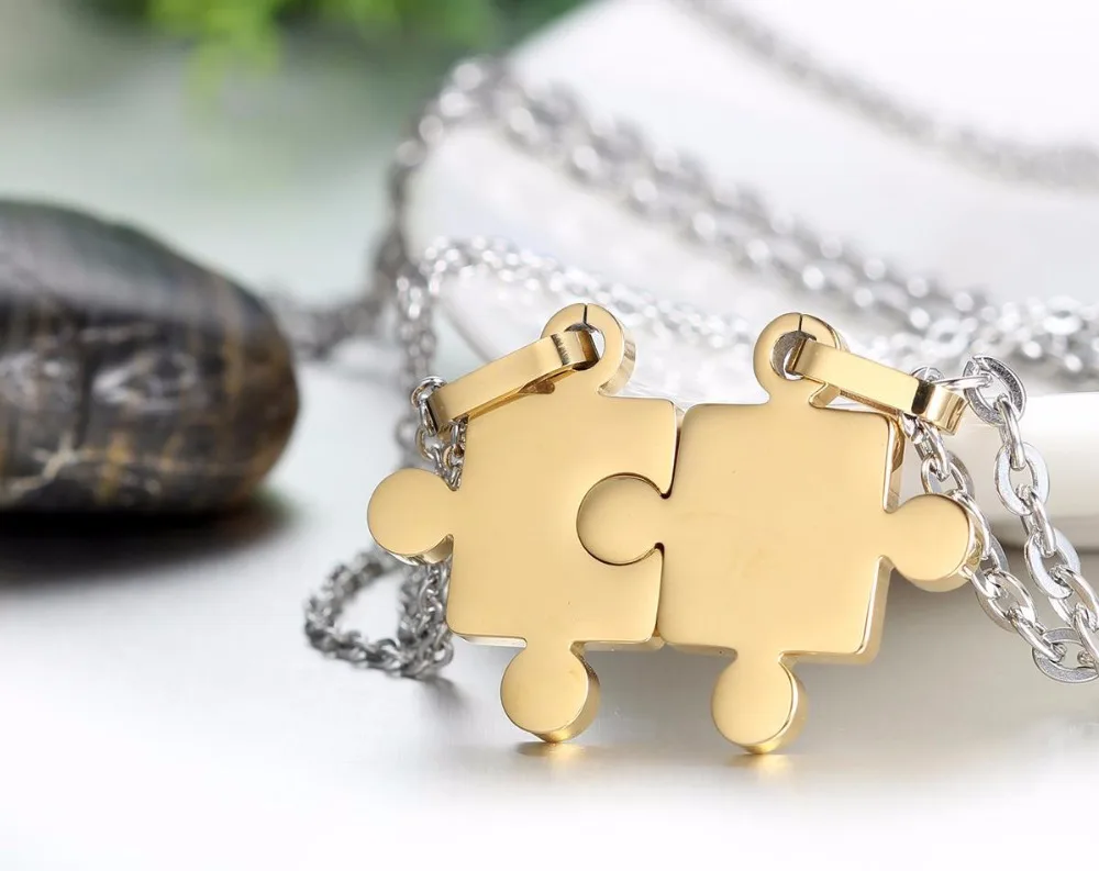 Stainless Steel Cute Couples Puzzle Necklace Pendant Piece Charms Plated Color Sweethearts Necklaces for Christmas Gift