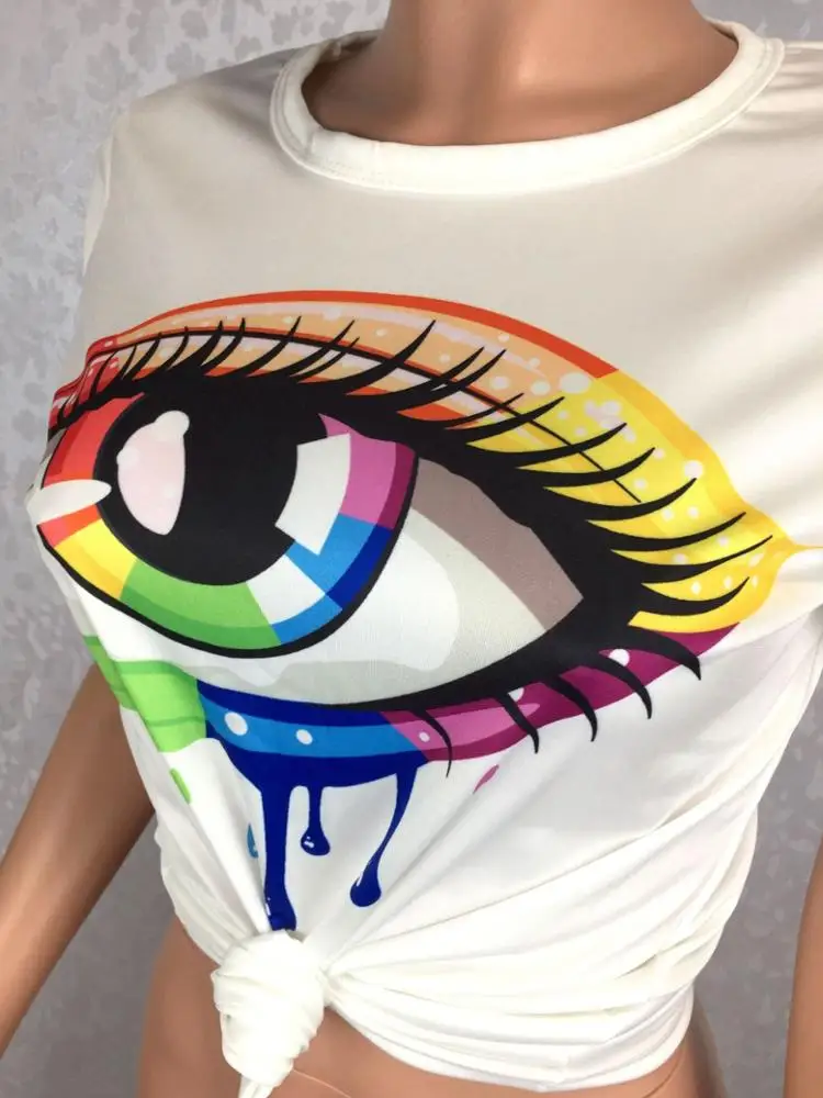 LM8062 оптовая торговля круглый воротник короткий рукав Глаза Печать красочные женские повседневные футболки