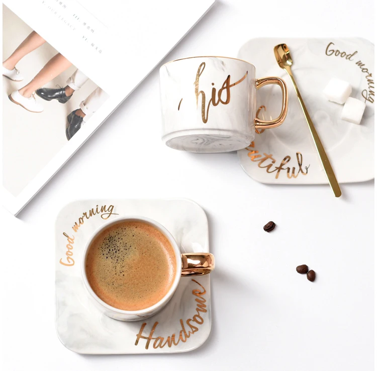 
Personalized gold rim ceramic marble coffee cup with saucer 