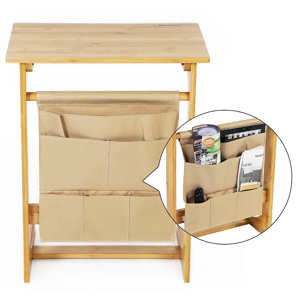 Bamboo Snack Table Sofa Side Table Console Laptop Desk for Coffee Bed with Storage Bag