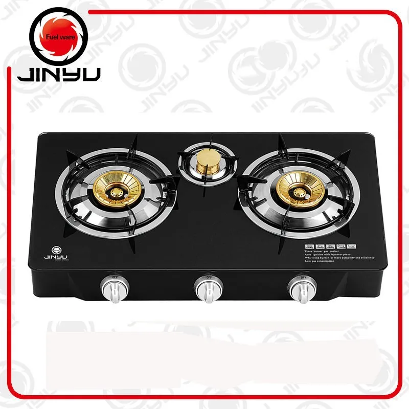 продажи горячих 3 латунь черный закаленное стекло варочная газовая плита самовозгорания