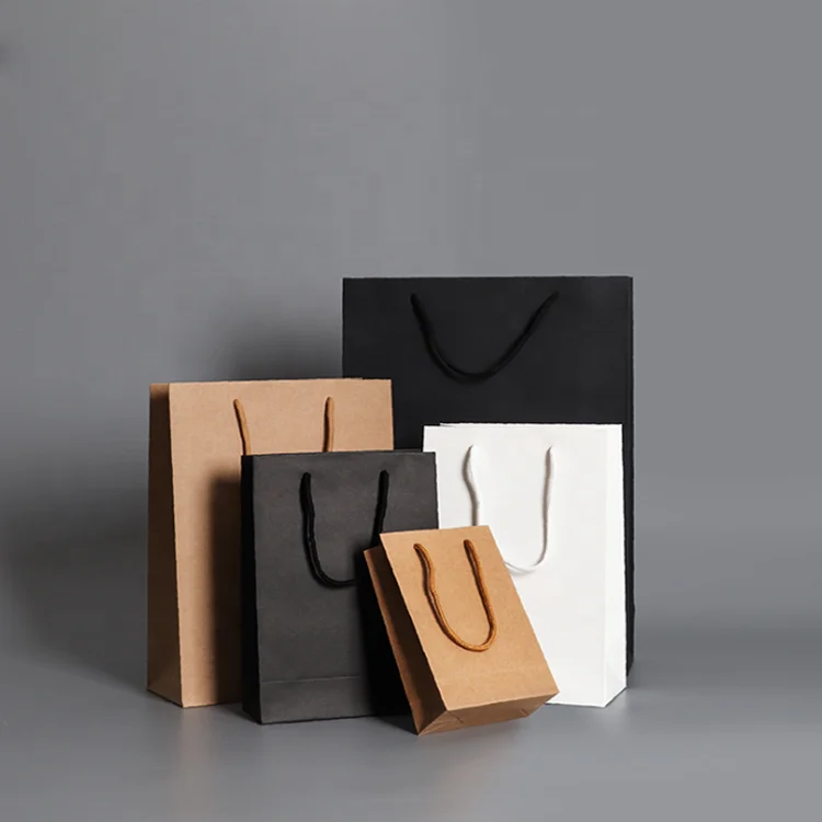 Wholesale custom logo design luxury black white brown cardboard paper bag with cotton Ribbon rope handle