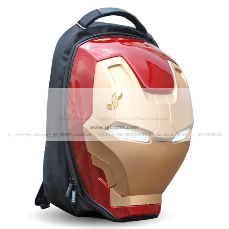 High Quality Cool Marvel Gift 3D Ironman shape fashion backpack with LED light eyes