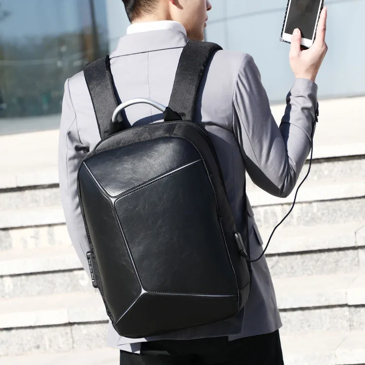 
Fashion pu leather man bag business laptop custom LOGO anti theft code lock usb charging backpack 
