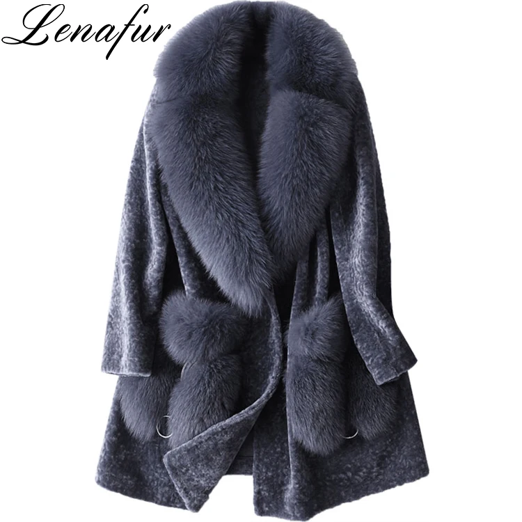 Women Winter Purple Loose Suede Liner Super Big Fox Fur Collar Double Faced Lamb Fur Leather Shearling Coat
