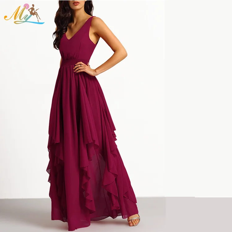 Summer sexy backless V-Neckline Ruffle Chiffon long evening party Dress for women