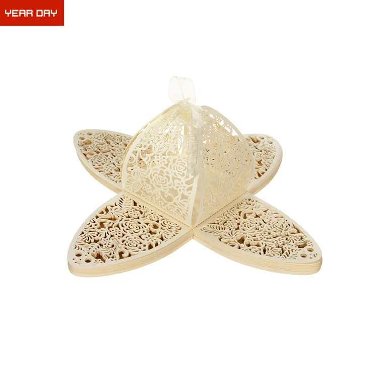 China Supplier Laser Cut Rose Hollow Out Paper Candy Favors Wedding Party Gifts Ribbon Box Bonbonniere