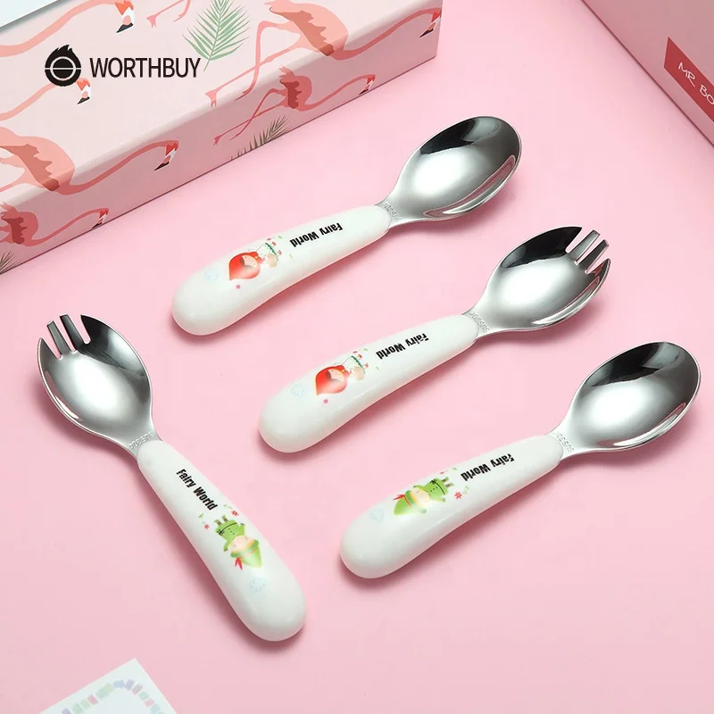 WORTHBUY Cute Cartoon Cutlery Set For Kids 304 Stainless Steel Tableware Plastic Handle Fork Spoon Dinnerware Kitchen Dinner Set