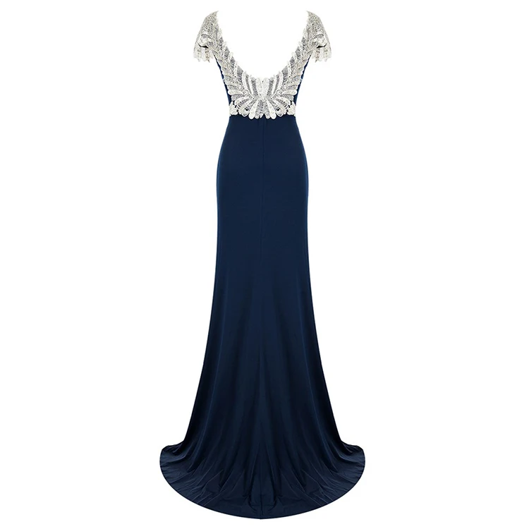 Graceful Full Length Sheath Lace Applique Navy Evening Dress for Women